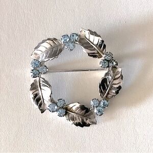 Vintage Amco Sterling Silver Metal Leaf Brooch Blue Rhinestones